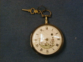 An 18th Century Masonic Continental fusee pocket watch, the enamelled dial with Roman numerals decorated a Mason with compasses contained in a silver case