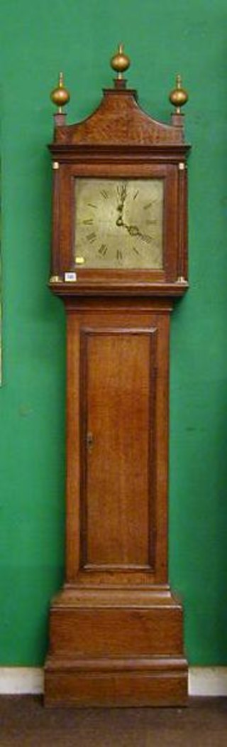 An 18th Century 30 hour longcase clock by Thomas Sutton of Maidstone, with bird cage movement, striking on a bell, the 11" brass square dial with Roman numerals and minute indicator, contained in an oak case 79"