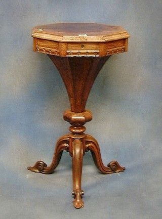A Victorian octagonal rosewood work box of conical form, raised on tripod supports 17"