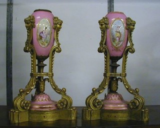 A pair of large and impressive 19th Century Continental porcelain vases with gilt metal mounts in the Sevres manner 14"