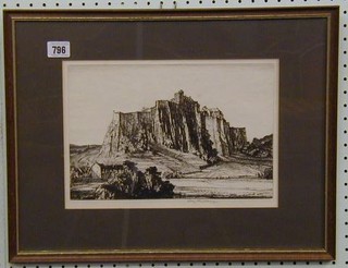 Henry Rushbury, a dry point etching "Scottish Country House on a Rocky Outcrop" 8" x 12" signed in the margin, the reverse bearing Sir Valentine Crittal's card
