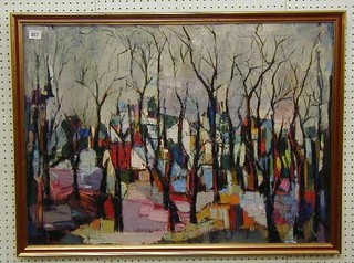 A modern abstract oil painting on canvas "Woodland Scene" 23" x 32"