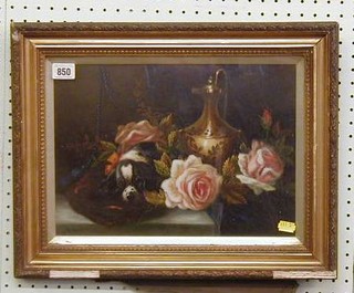 Daisy Fleming, still life "Seated King Charles Spaniel, Roses and Ewer" 10" x 13"