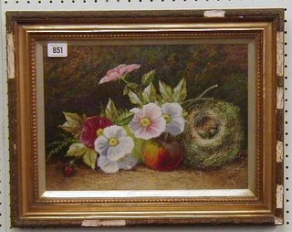 Daisy Fleming, Victorian oil painting on card "Bird Nest Apple and Furs" 10" x 14"