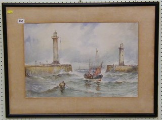 Austin Smith, watercolour drawing "Fishing Boat Entering Harbour in Heavy Sea" 14" x 21" signed and dated 1925