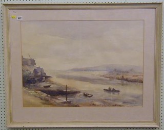 Beryl Critchley Salmonson, watercolour drawing on Archer's paper "Estuary Scene with Fishing Boats" 21" x 29" 