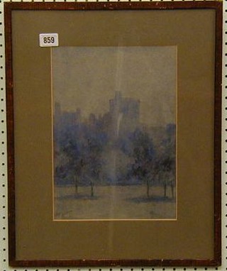 Signed after Markino, watercolour drawing "Windsor Castle and Great Park at Dusk" 12" x 8"