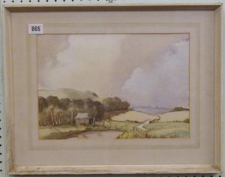 Mary Brumell, watercolour drawing "Downland Scene withBarn and Track" 9" x 13"