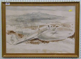 Paul Nash, a coloured print "Ruined in the Marsh" (a downed German aircraft) 15" x 22"