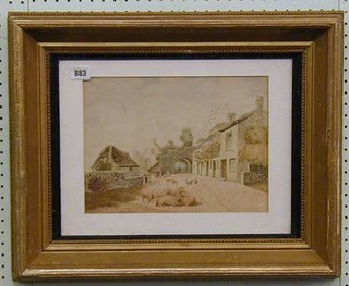 An 18th Century Continental watercolour drawing "Country Scene with Buildings and Sheep" marked ATS Hanhas 9" x 12"