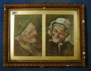 Heane Tanher Bgnn, a pair of oil paintings on board head and shoulders portrait "Elderly Scotsman and Lady" 8" x 5" 