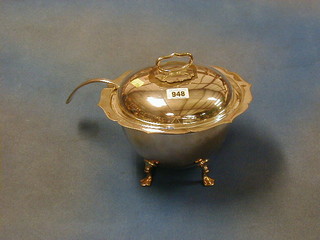 A circular silver plated sauce tureen and cover raised on 3 hoof supports by Mappin & Webb together with a silver plated Old English pattern soup ladle