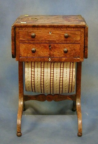 A  William IV figured walnutwood drop flap work table fitted 2 drawers above basket with H framed stretcher 17"