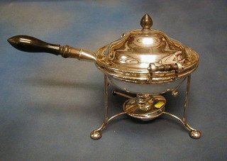 A silver plated flambe dish and stand complete with burner