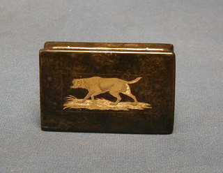 An 18th Century tortoiseshell and gold inlaid snuff box, the lid decorated a dog 3"