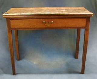 A Georgian mahogany tea table fitted a frieze drawer with brass swan neck handle, raised on square tapering supports 36"