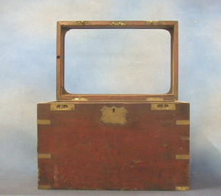 A 19th Century mahogany and brass banded rectangular "ships box", the upper section fitted a viewing area, the side fitted 2 long drawers with brass countersunk handles and brass banding throughout, 14"