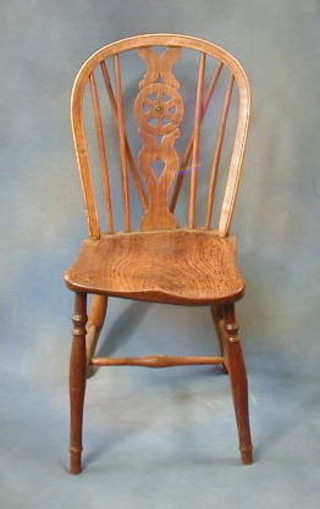 5 19th Century elm tick and wheel back dining chairs