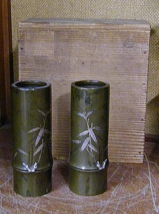A pair of fine quality Japanese bronze specimen vases in the form of bamboo 5", cased
