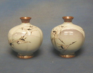 A pair of 19th Century blue ground globular shaped cloisonne vases decorated diving cranes 5"