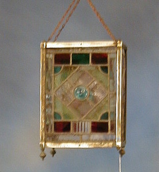 A brass square hanging hall lantern with lead glazed panels (1 missing)