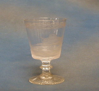 A 19th Century Irish/Scottish cut glass goblet, the rim with cut thistle decoration, the centre section cut the Scottish state crown, sword and sceptres, raised on a circular foot, 6"