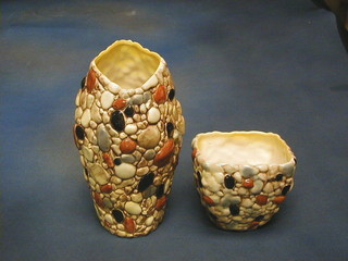 A Sylvac pottery pebble dash finished vase, the base marked 3368 Sylvac England, cracked 11" and a square vase 5"