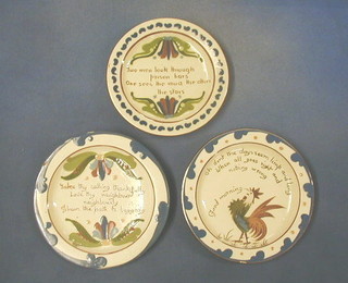 3 Devonware pottery Motto plates and a porcelain plate the back marked MCC