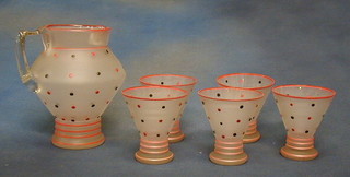 A 1950's 6 piece polka dot glass lemonade set comprising jug and 5 beakers and a Carltonware leaf shaped plate