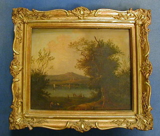 An 18th/19th Century Continental oil painting on canvas "Figure by a Lake with Mountain in the Distance" 8" x 10" contained in a decorative gilt frame