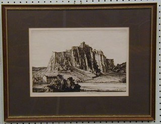 Henry Rushbury, a dry point etching "Scottish Country House on a Rocky Outcrop" 8" x 12" signed in the margin, the reverse bearing Sir Valentine Crittal's card