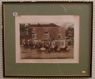 An 18th/19th Century coloured coaching print "The Birmingham Tally Ho Coach, Passing The Crown Inn at Holloway" engraved by C Bentley  and painted by J Pollard 11" x 16"