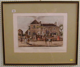 An 18th/19th Century coloured coaching print "The Mail Coach, Changing Horses" engraved by G Reeves, painted by James Pollard 11" x 16"