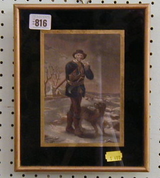 A 19th Century Continental coloured print "Lumberjack with Dog" 10" x 5"