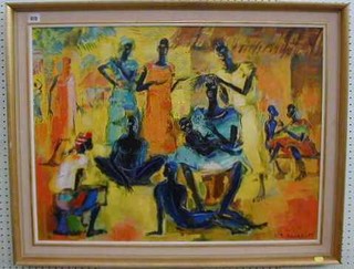 P Daxhelet, African School, modern art oil painting on canvas "Seated Female Figures" 23" x 31"