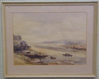 Beryl Critchley Salmonson, watercolour drawing on Archer's paper "Estuary Scene with Fishing Boats" 21" x 29"