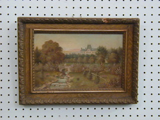 A Continental oil painting on card "Chateau with River" 6" x 9"