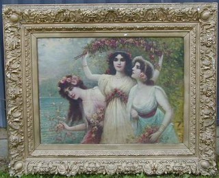 Dupre, oil painting on canvas "Three Young Ladies with Garlands of Flowers" 29" x 39"