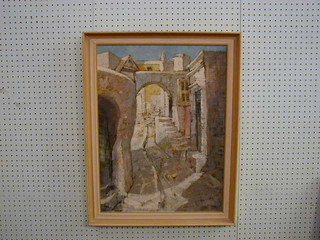 Gordon Bennett, oil painting on board "Mediterranean Arched Street" 23" x 17"