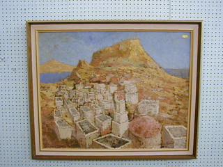 Gordon Bennett, oil painting on board "Greek Ruins" 24" x 29"