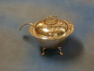 A circular silver plated sauce tureen and cover raised on 3 hoof supports by Mappin & Webb together with a silver plated Old English pattern soup ladle