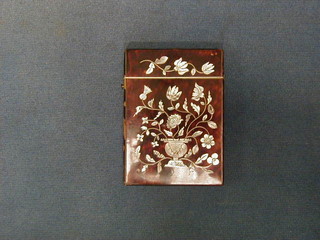 A 19th Century tortoiseshell and inlaid mother of pearl card case with hinged lid 4"