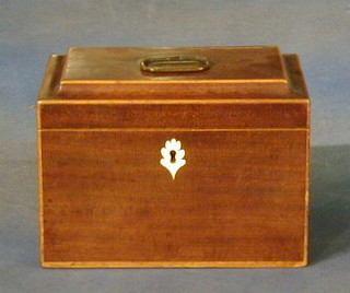 A Georgian mahogany twin compartment tea caddy with inlaid satinwood stringing and ivory escutcheons 8"