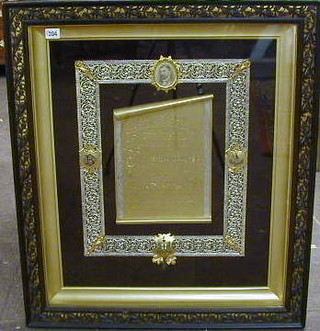 A large and handsome gilt metal and enamelled presentation plaque - South West London Licensed Victuallers Trade Protection Association Certificate to Charles Blundell Esq, Presented for the Year 1901, contained in a pierced silvered frame with enamelled City of London Crest, photograph and armorial crests
