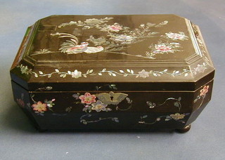 A 19th/20th  Century octagonal lacquered Oriental trinket box with hinged lid and fitted interior, inlaid mother of pearl decoration 14"