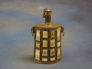 A 19th Century Indo Persian copper flask with silver and bone decoration 9"