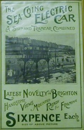 A framed advertising poster for the Sea Going electric car, "A Ship and Tram Combined" 18" x 12" framed