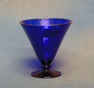 A 19th Century circular Bristol blue glass pedestal bowl 6" (some chips), a 7" circular Bristol blue glass bowl and a 19th Century Bristol blue glass trumpet shaped vase raised on a circular foot, 4" (some small chips to the rim)