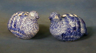 A pair of 19th Century blue glazed pottery vases in the form of seated grouse 8"