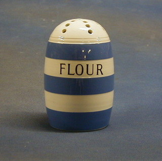 A T G Greener blue and white striped flour sifter, the base with black shield mark